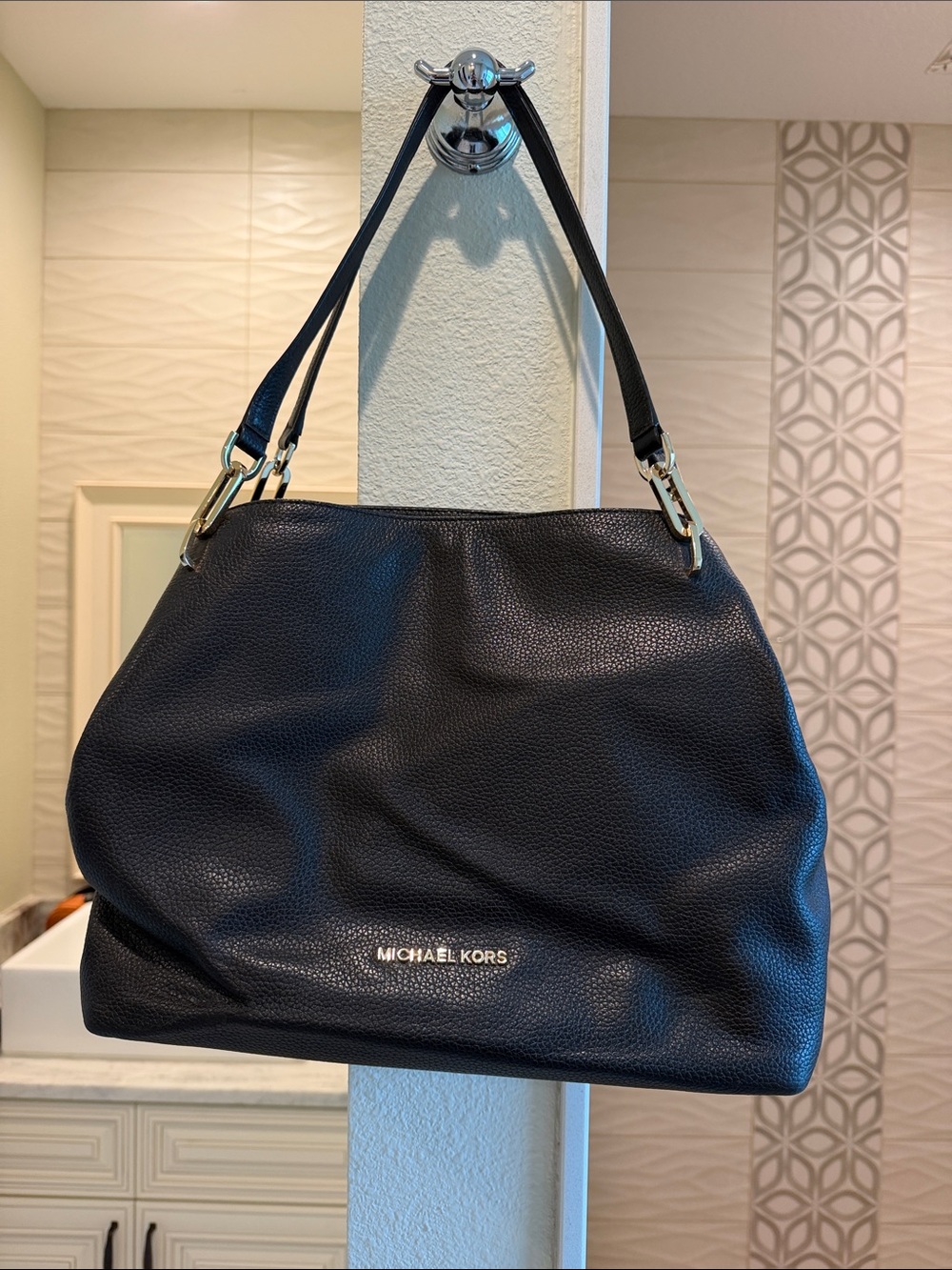 Michael Kors Black Pebbled Leather Shoulder Bag with Gold Accents